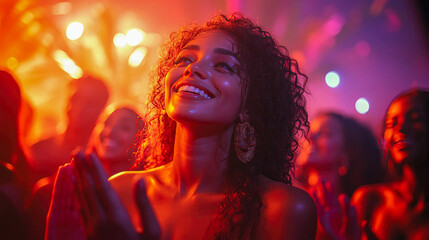 Naklejka premium Cheerful woman enjoying a vibrant party under warm, glowing lights in a crowded nightlife setting