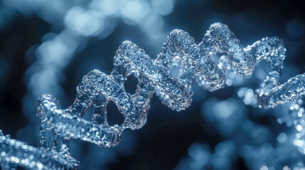 Glowing DNA strand amidst colorful, ambient light, symbolizing genetics and biotechnology