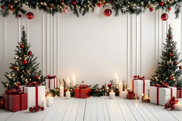 An empty digital backdrop for photography with a white wall, Christmas garland on the sides and at the top of the frame, lights, candles, and presents on the floor