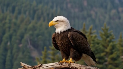 Majestic bald eagle perched on a weathered log, overlooking a coniferous forest.