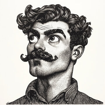 A man with a classic hairstyle and a thick mustache, his eyes transformed into heart shapes, symbolizing love and affection. The detailed scratchboard engraving highlights his expression and features
