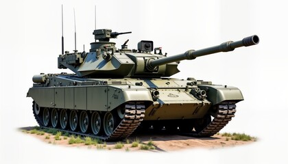 Military tank sits isolated on white background. Modern heavy vehicle shows powerful design. Powerful weapon, armored plating. Combat machine stands ready. Isolated military tech object for military