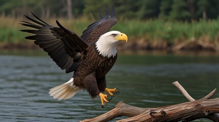 Fototapeta premium Bald eagle landing on a branch near water.