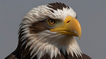 Obraz premium Close-up portrait of a bald eagle's head and neck, showcasing its sharp gaze, feathered texture, and vibrant yellow beak against a neutral gray background.
