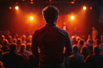 A stand-up comic addressing crowd under dramatic lighting.