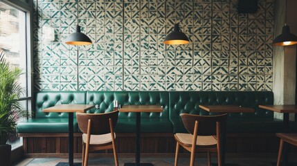 Green booth seating in a cafe with patterned wall.