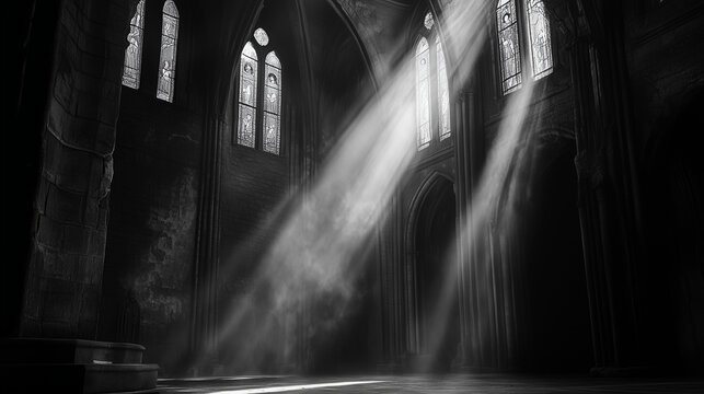 A dark cathedral interior where beams of light highlight cryptic carvings on the stone walls and hidden symbols on the floor