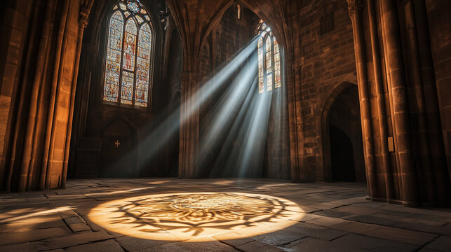 A dark cathedral interior where beams of light highlight cryptic carvings on the stone walls and hidden symbols on the floor