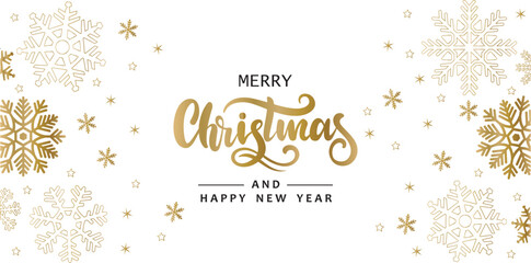 Obraz premium Merry Christmas and Happy New Year greeting card with snowflakes and stars vector illustration
