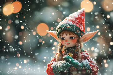 Enchanting elf character surrounded by falling snow.