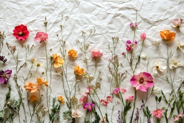 Vibrant pressed flowers in rows on a textured white background