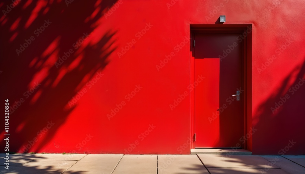 Poster Vibrant red wall features single red door with intriguing shadow play from foliage. Modern design element. Simple yet bold architecture. Urban exterior setting. Intriguing contrast between color,