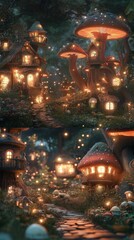 Fairy village hidden in an enchanted forest, mushrooms, and treehouses, glowing lights, highly detailed magical scenery