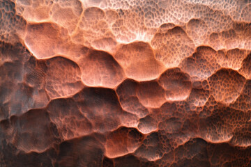 A hammered copper surface with uneven dents and warm reddish tones, adding a rustic charm to the design.