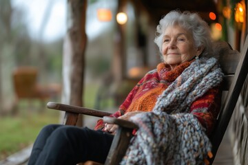 Elderly woman sitting in a rocking chair wrapped in a scarf on a porch