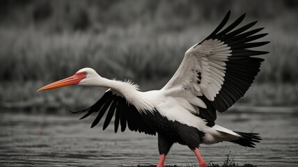 Naklejka premium Majestic saddle-billed stork taking flight, wings spread wide, showcasing vibrant red beak and legs against a blurred monochrome background.
