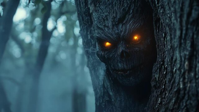 In a misty forest, an ancient guardian emerges from the bark of a tree, its glowing eyes piercing through the fog. The atmosphere is eerie yet enchanting as twilight deepens.