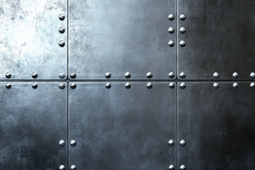 A riveted industrial plate with visible seams, scratches, and a heavy-duty metallic finish.