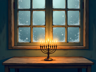 A serene Hanukkah scene with a glowing menorah casting light on an antique wooden table backed by frosty window panes in vintage illustration style. in illustration style