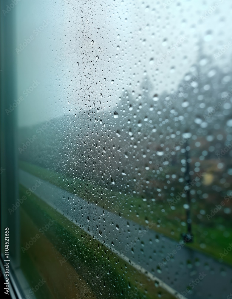 Poster rainy day view through window. water droplets form patterns on glass. high humidity. nature scene ou