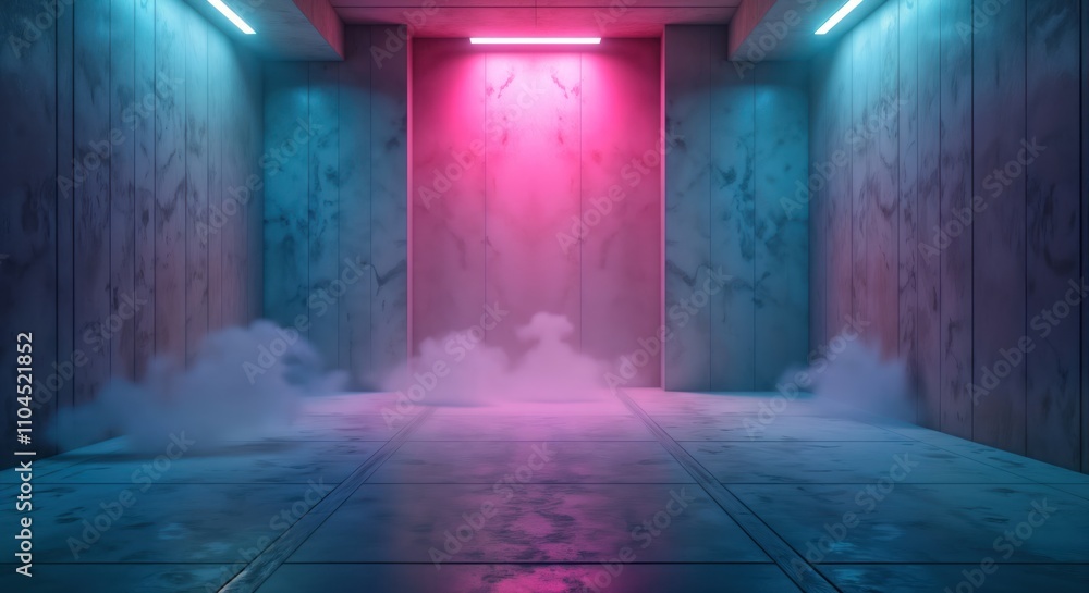Poster futuristic concrete interior showcases neon lighting. empty space with pink and blue glow. modern an