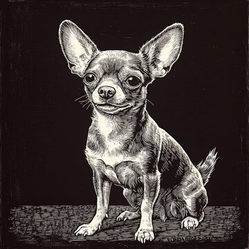A joyful Chihuahua with large ears and a wagging tail, embodying its spunky and friendly nature. The scratchboard engraving emphasizes its small size and lively personality in black-and-white.