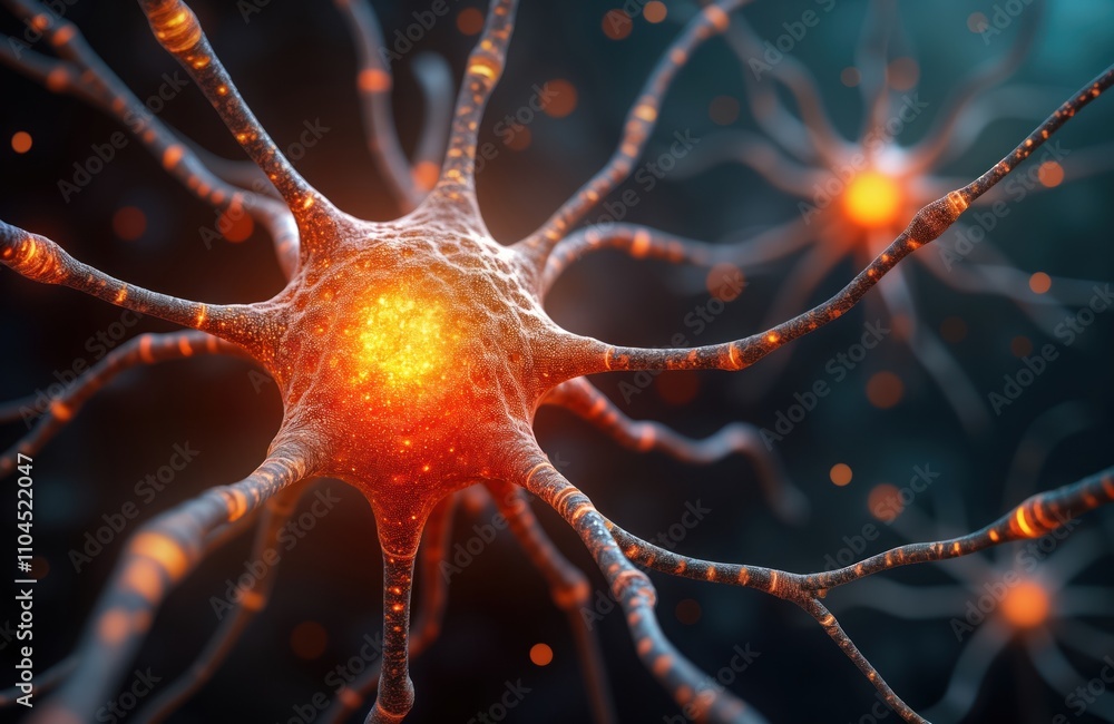 Fototapete Abstract illustration of active nerve cells in brain neural networks complexity, cognition power. Complex neural system of brain depicted with glowing nerve cells. Futuristic tech concept for medical