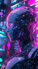 Futuristic robot with human features, surrounded by holographic displays, neon lights, detailed mechanical parts