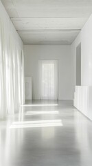 Sunlit white room, sheer curtains, minimalist design.