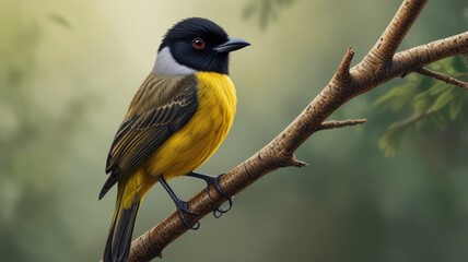 Fototapeta premium Yellow and black bird perched on branch.