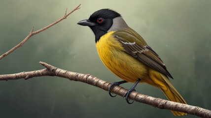 Yellow and black bird perched on a branch.