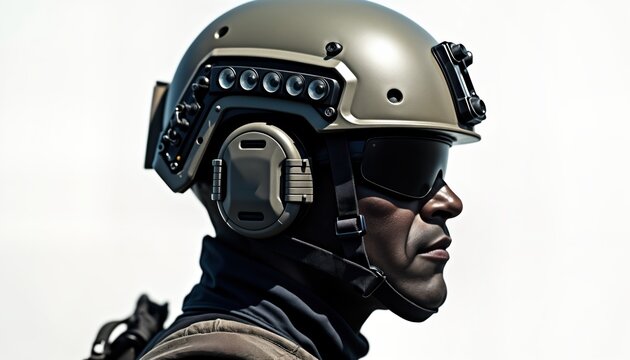 Man wears military tactical helmet with dark sunglasses, special communication headset. Close-up profile view. Focus on soldier equipment, tech. Serious expression. Military pro. Modern gear. Safety