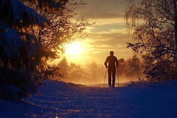 Fototapeta premium Silhouette of a cross-country skier enjoying the beautiful sunset while training on a snowy path, surrounded by trees covered in frost
