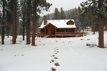 A tranquil scene of a snowy conifer forest on the winter solstice, with footprints leading to a cozy cabin