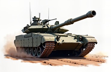 Military tank moves across sandy terrain. Powerful armored vehicle long cannon. Powerful tech of heavy weaponry. Combat vehicle isolated on white background. Vehicle green color, tracks show