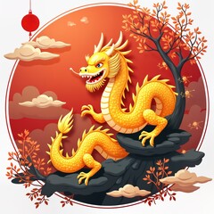 Fototapeta premium Golden dragon sits on rock in red and orange circle scene. Chinese art style. Dynamic pose. Traditional Asian design elements. Symbol of strength and luck. Vibrant colors.