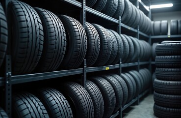 Many tires neatly organized on shelves in auto store. Tires various makes, models. Large inventory of tires ready for installation. Display suggests well-stocked auto shop. Tires in auto store