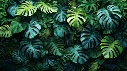 A vibrant arrangement of lush green leaves creating a natural, tropical backdrop.