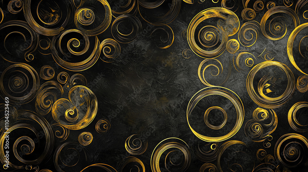 Poster swirling patterns of black and gold create a striking artistic backdrop with intricate designs