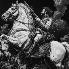 A horse rearing up, holding a rifle and wearing military gear, symbolizing nobility and defiance. The sketch engraving highlights its mane and attire in a detailed black-and-white illustration.