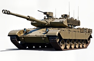 Military tank presented on white background. Modern design highlighted with robust armor, heavy protection. High-resolution image for display model. Powerful weapon system with details like turret,