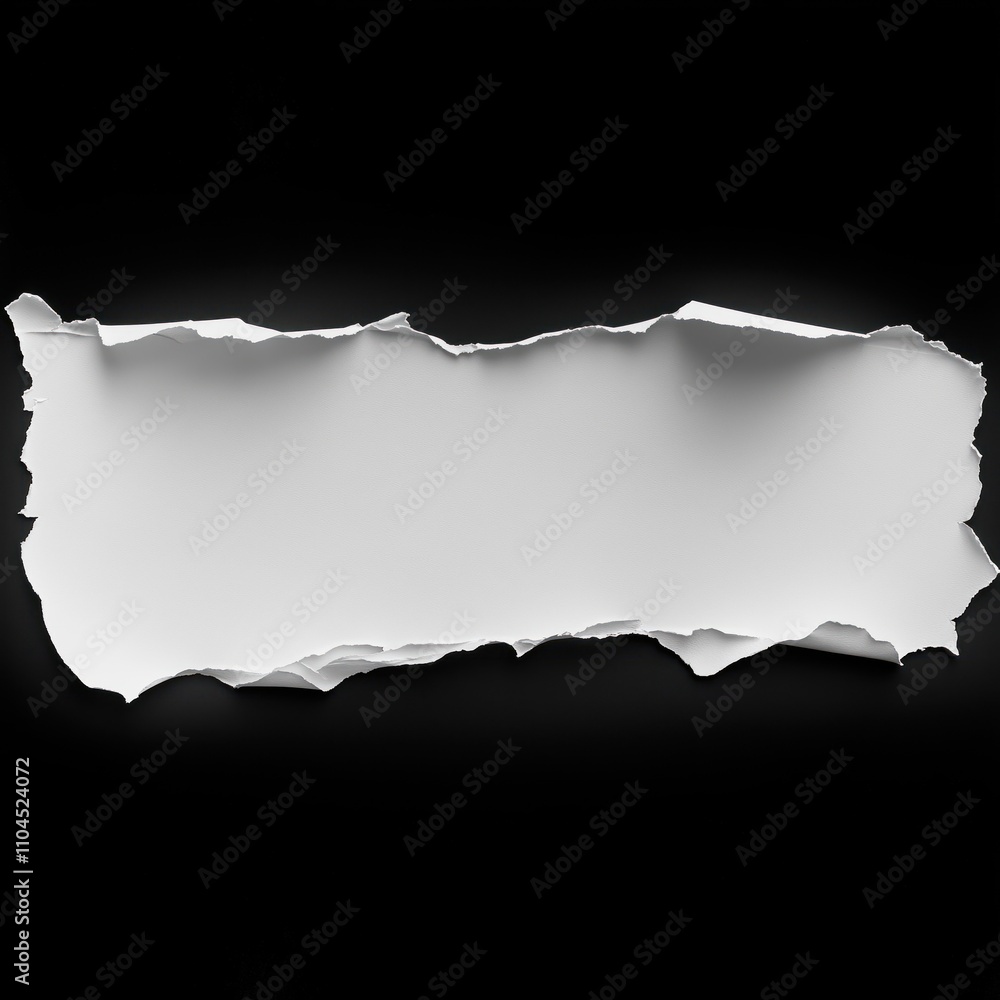 Poster White ripped paper strips on black background. Ripped paper texture. Abstract design element. Blank ripped paper. Blank paper with torn edges. Creative design. Abstract background. Torn paper