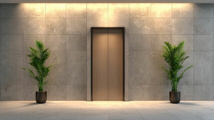 Modern elevator in a contemporary lobby with potted plants.