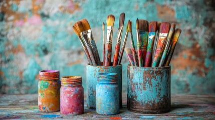 A vibrant arrangement of paintbrushes and jars, showcasing artistic tools and colorful paint.