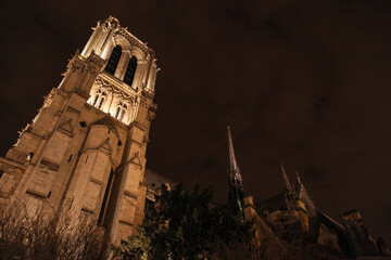 Notre Dame Cathedral's tower and spire glowing at night, framed by clouds and trees, showcasing the...