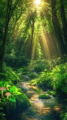 Obraz premium Lush green forest with a winding river, vibrant plants, glowing mushrooms, sunlight filtering through trees, highly detailed, vertical wallpaper