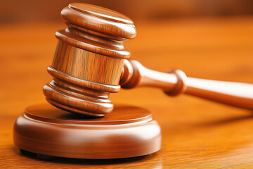 Obraz premium A wooden gavel rests on a base, symbolizing courtroom authority and a moment of deliberation