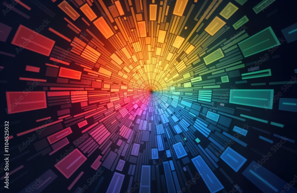 Poster colorful abstract geometric pattern radiates from center. vivid of colors forms dynamic design. intr