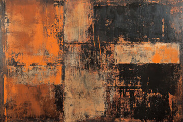 Fototapeta premium A rusted iron sheet with corroded edges and varying hues of brown, orange, and black, creating a raw industrial vibe.