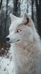 Obraz premium Majestic white wolf in a snowy forest, anime style, glowing eyes, detailed fur and landscape